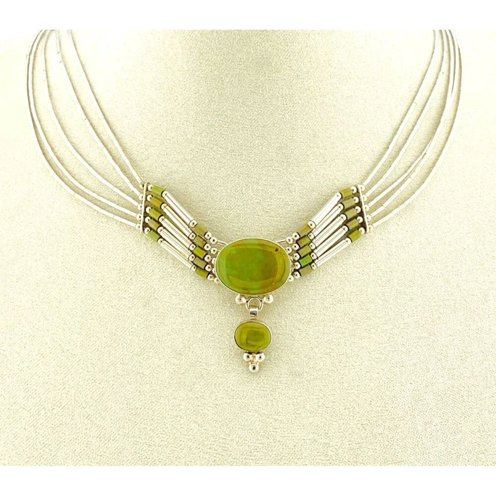Sterling Silver Green Turquoise Multi Strand Liquid Silver Necklace Adjustable